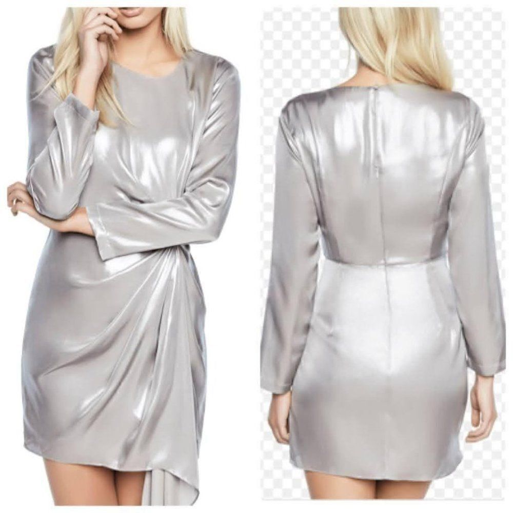 Bardot Silver Satin Draped Mini Dress Long Sleeve Asymmetrical Bodycon Dress 8